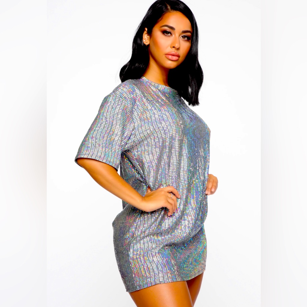 Shirt Dress. Hologram Large -Silver. Short Sleeves